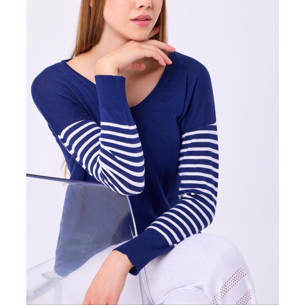 NEW FRENCH KYSS stripe sleeve top in navy/white